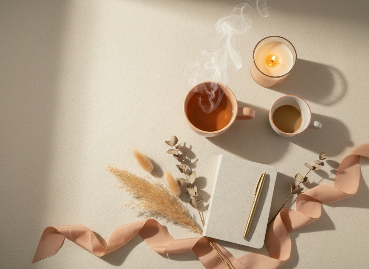 A steaming cup of coffee, lit candle, and open journal on a wooden desk by a rainy window