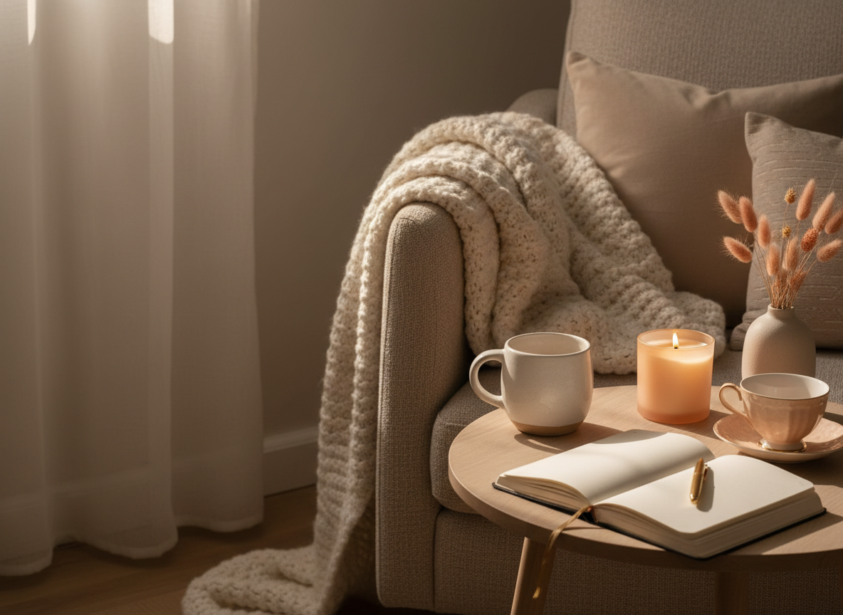 Cozy armchair with cream knit throw, lit candle, ceramic mug, and an open journal in soft morning light