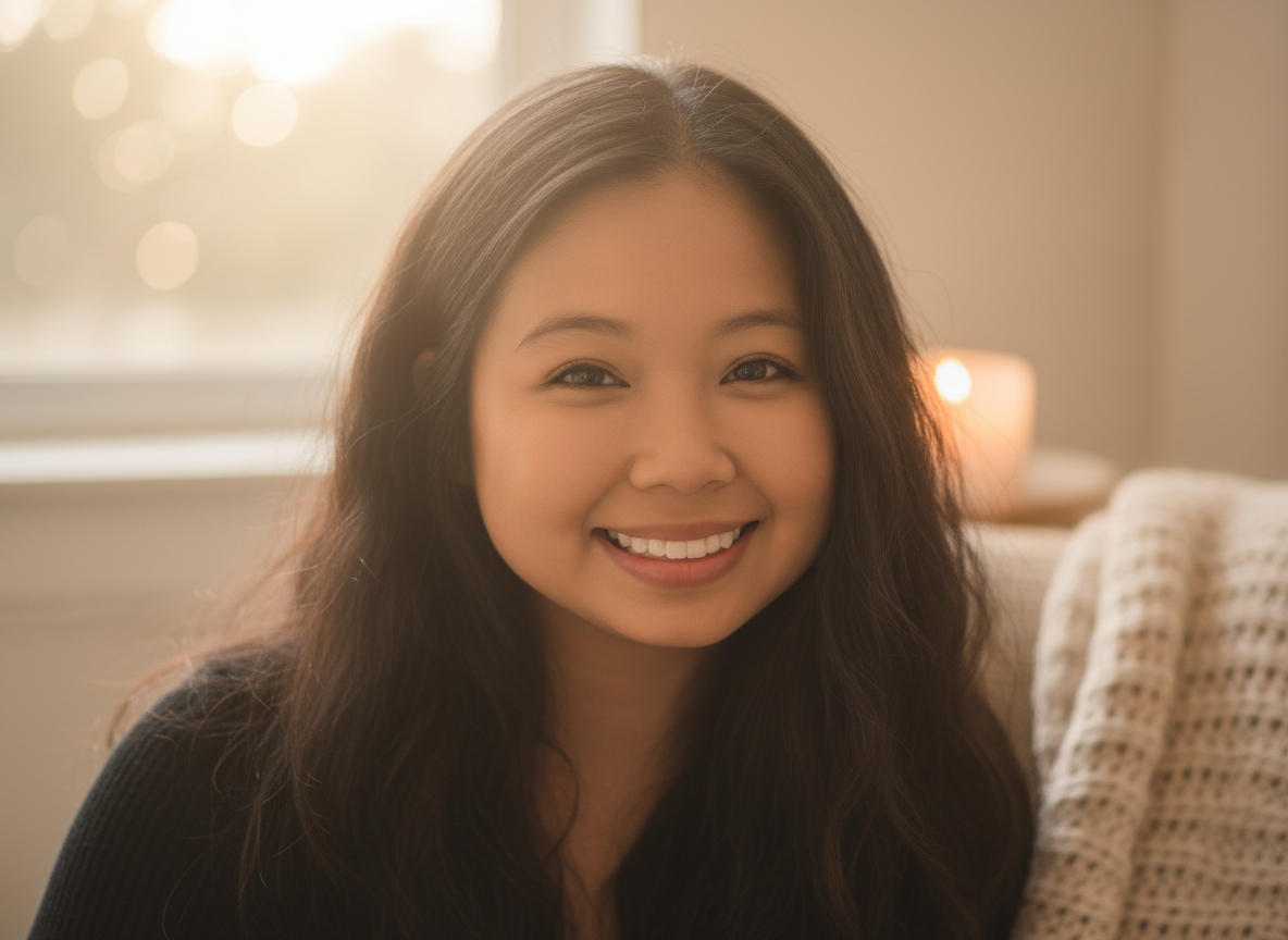 Wella, founder of Hello Morning Journal, smiling by a sunlit window with a candle